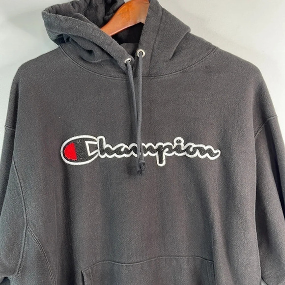CHAMPION Mens Reverse Weave Black 3D Spellout Logo Hoodie Kangaroo Pocket XL - Picture 3 of 11